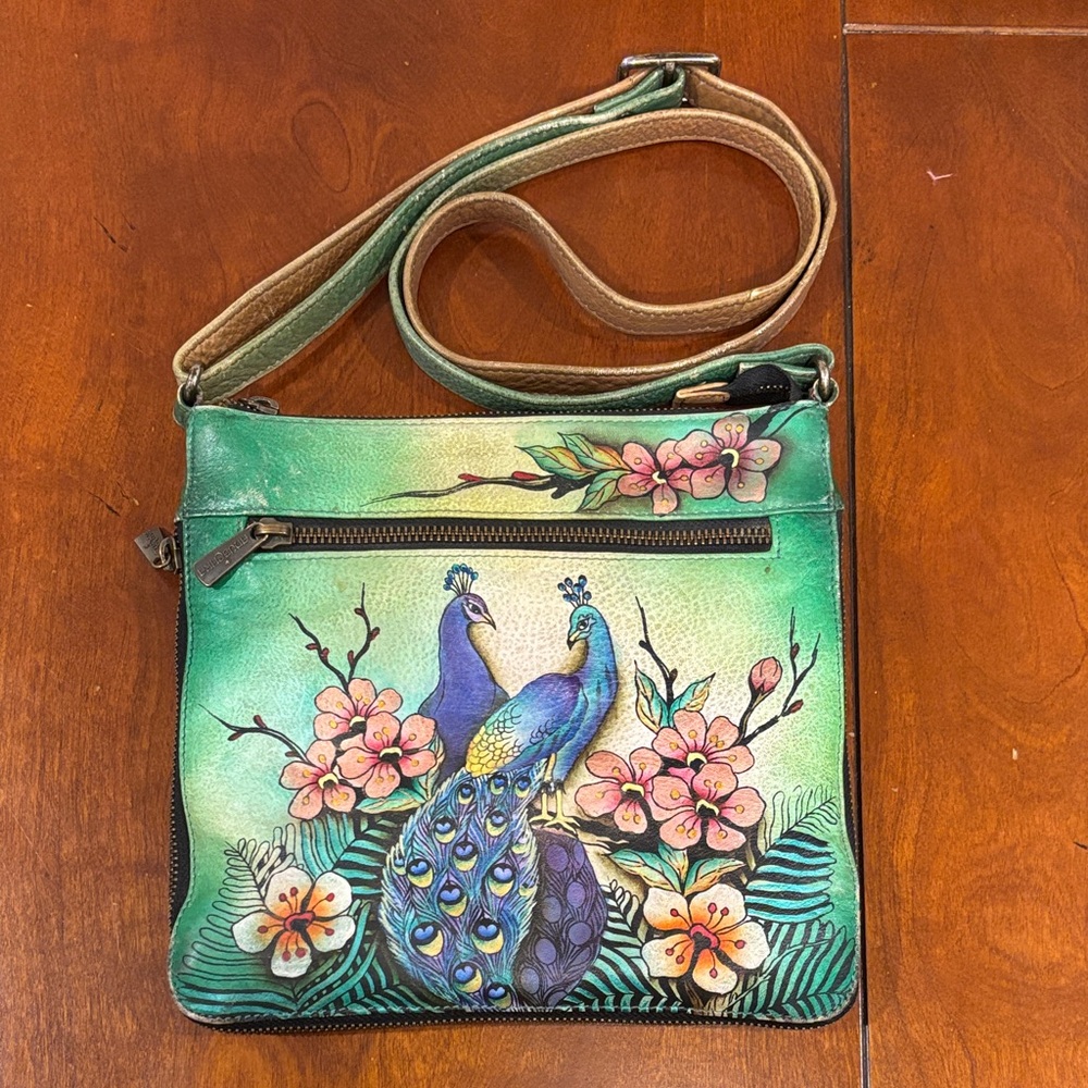 Anuschka Green Adjustable Crossbody Bag with Peacock and Floral Art